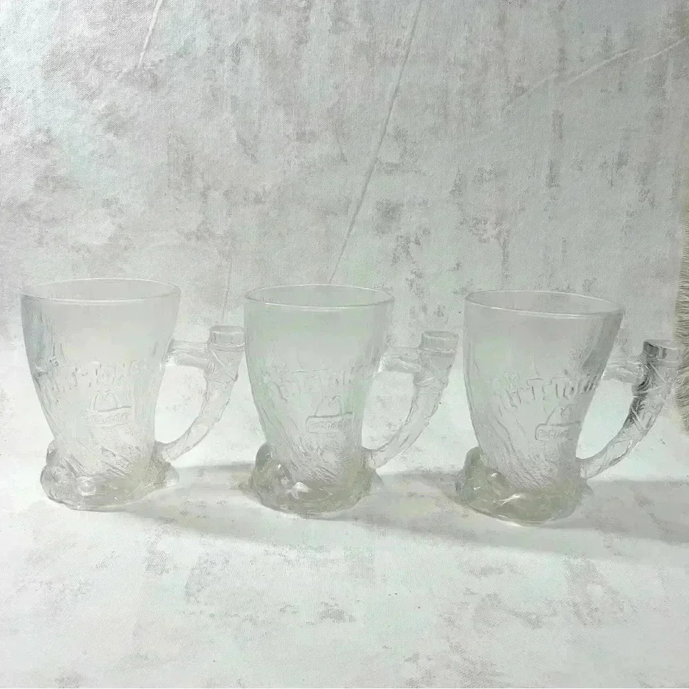 Flintstones 3 Mammoth Mugs Clear Embossed Glass 1993 McDonald's 4.5" Vintage